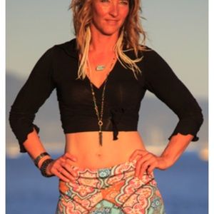 Black hooded wrap top.